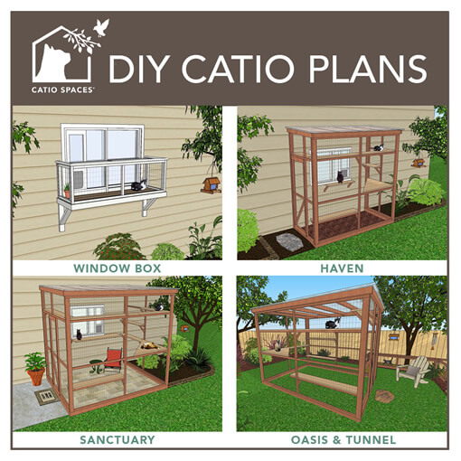 4 different catio plans for a window, patio, deck or garden