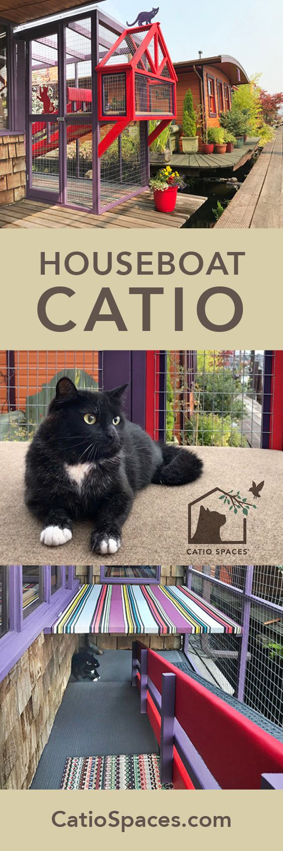 Check out this unique houseboat catio for two special needs cats. Don't miss the video! #catio #catpatio #diycatpatio #diycatio